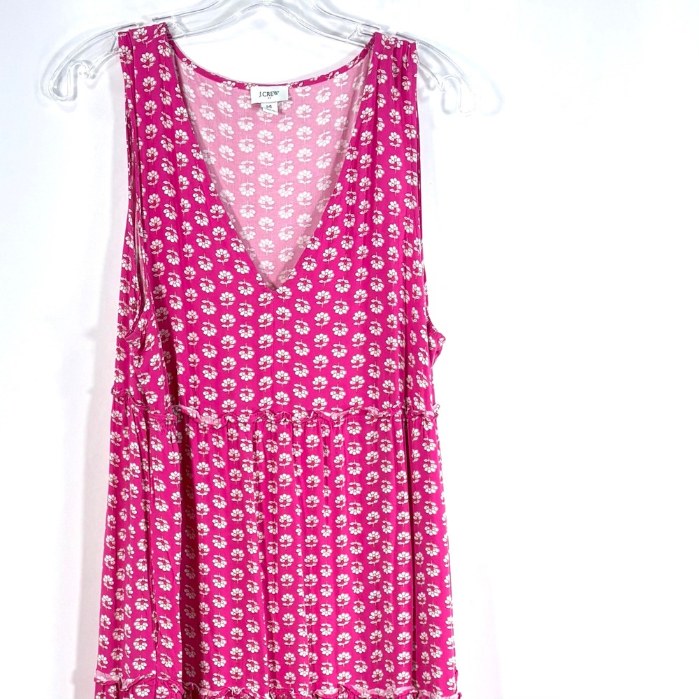 J.Crew Sleeveless Tiered Midi Dress Pink White Floral V-Neck Size 14